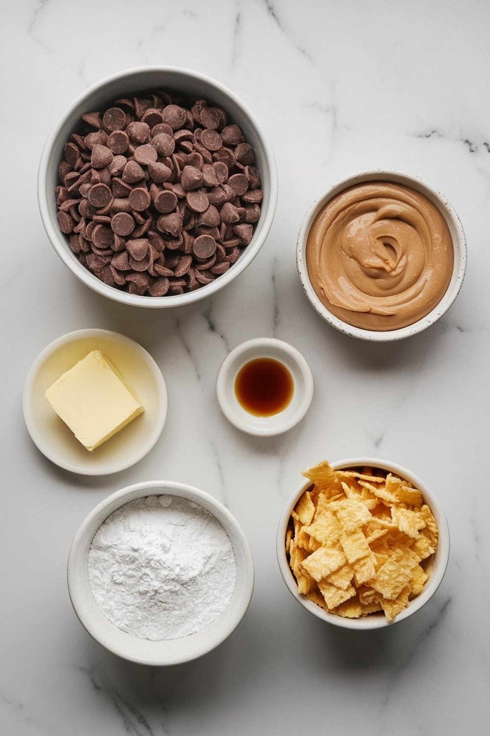Flat lay of ingredients for puppy chow, including bowls of chocolate chips, creamy peanut butter, powdered sugar, butter, vanilla extract, and crispy cereal squares, arranged neatly on a white marble surface.