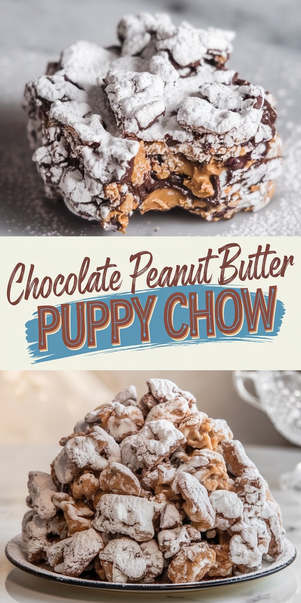 Collage featuring a close-up of a cluster of powdered sugar-coated puppy chow revealing layers of chocolate and peanut butter, along with a plate piled high with the treat. Text overlay reads “Chocolate Peanut Butter Puppy Chow.”
