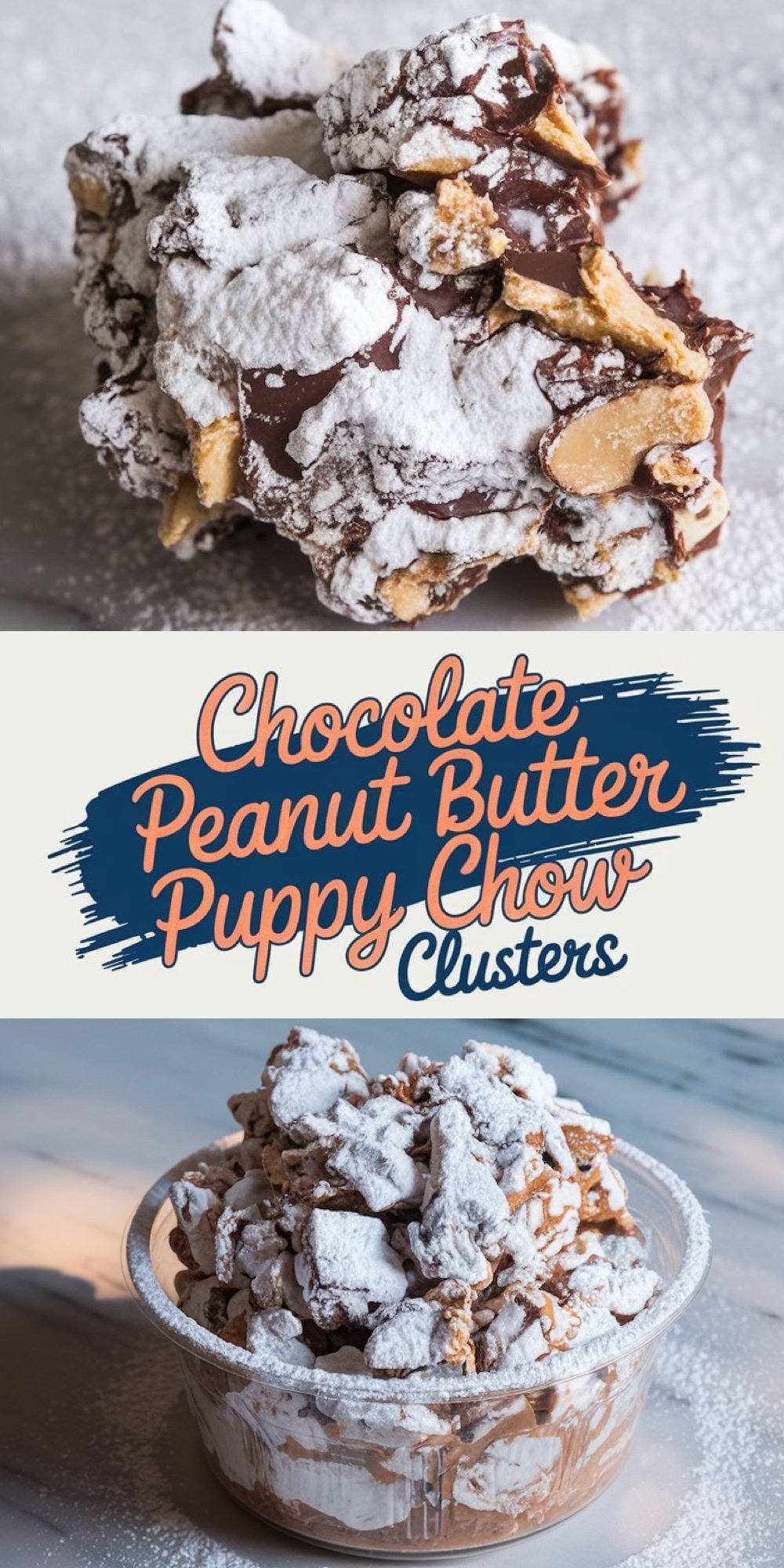 Collage showing a close-up of a cluster of chocolate peanut butter puppy chow dusted with powdered sugar, paired with an image of a large plastic container filled with the finished treat. Text overlay reads “Chocolate Peanut Butter Puppy Chow Clusters.”