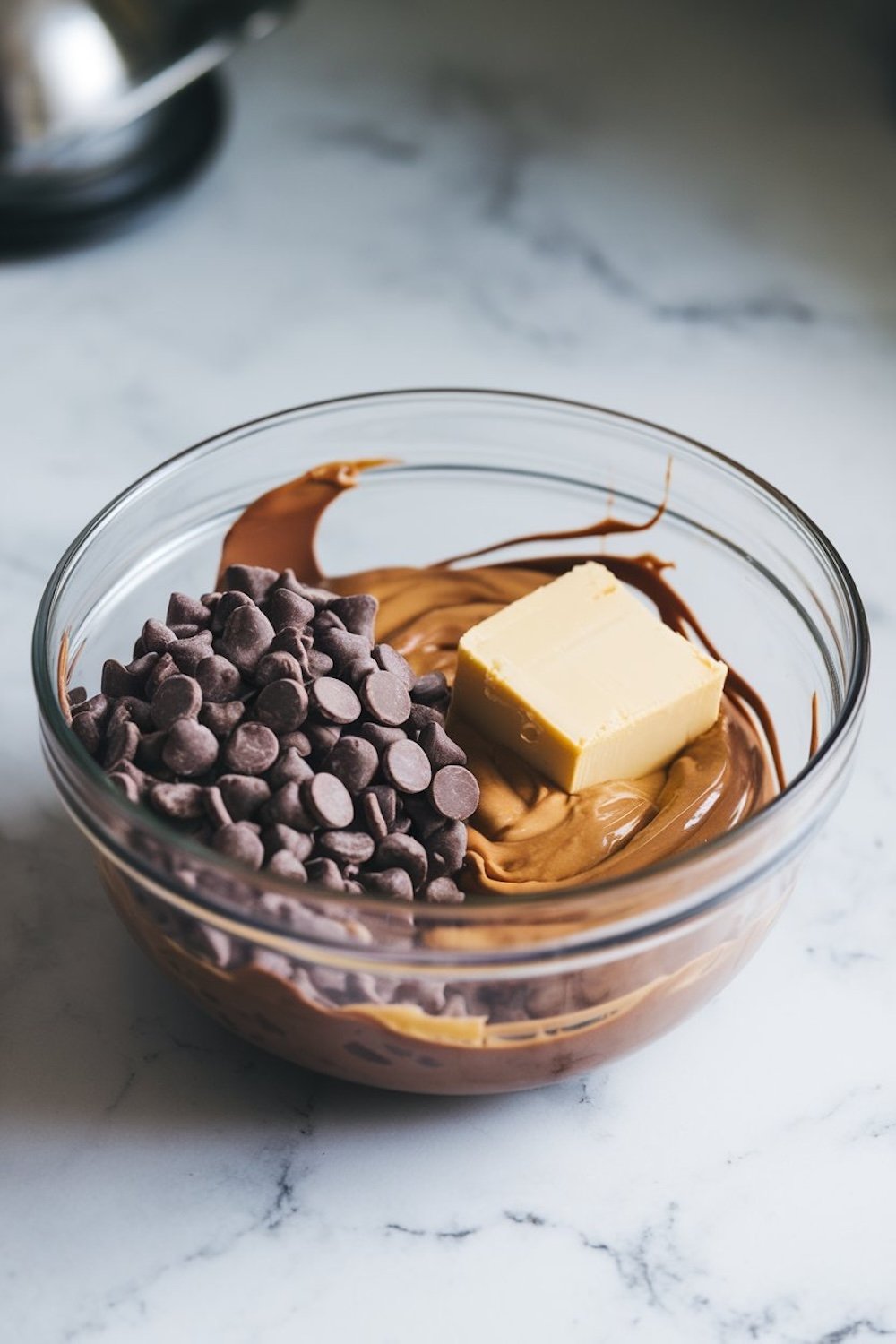 Mixing process: a glass bowl filled with melted peanut butter, chocolate chips, and a cube of butter, set on a marble countertop with soft lighting.