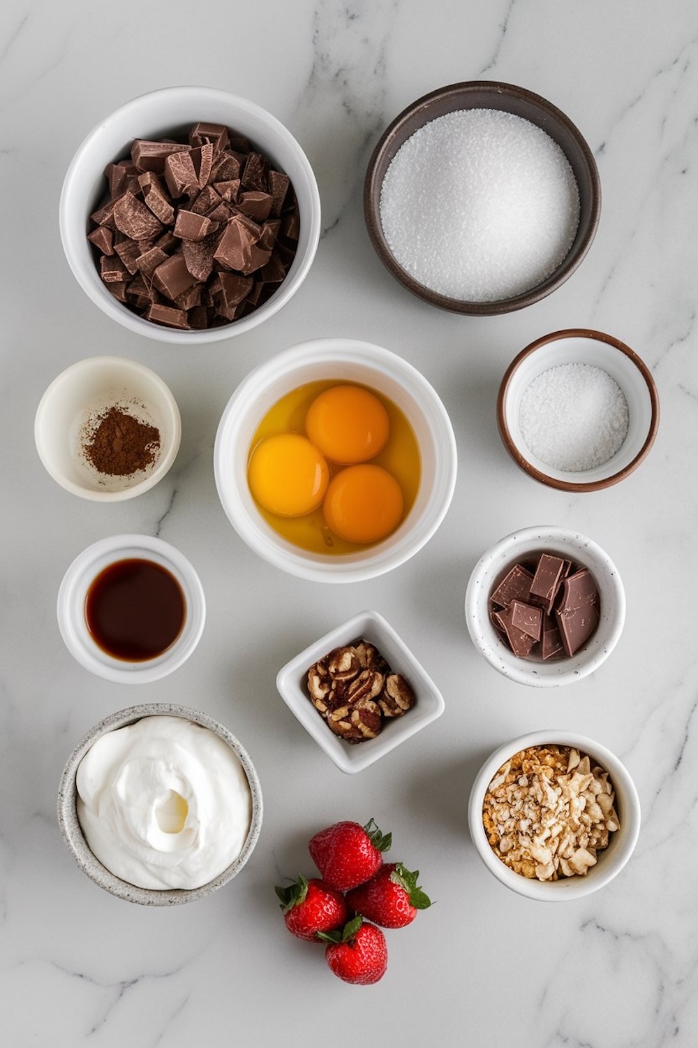 A small saucepan with steaming cream, placed on a marble surface next to a pile of roughly chopped chocolate. Visible steam rises from the cream.