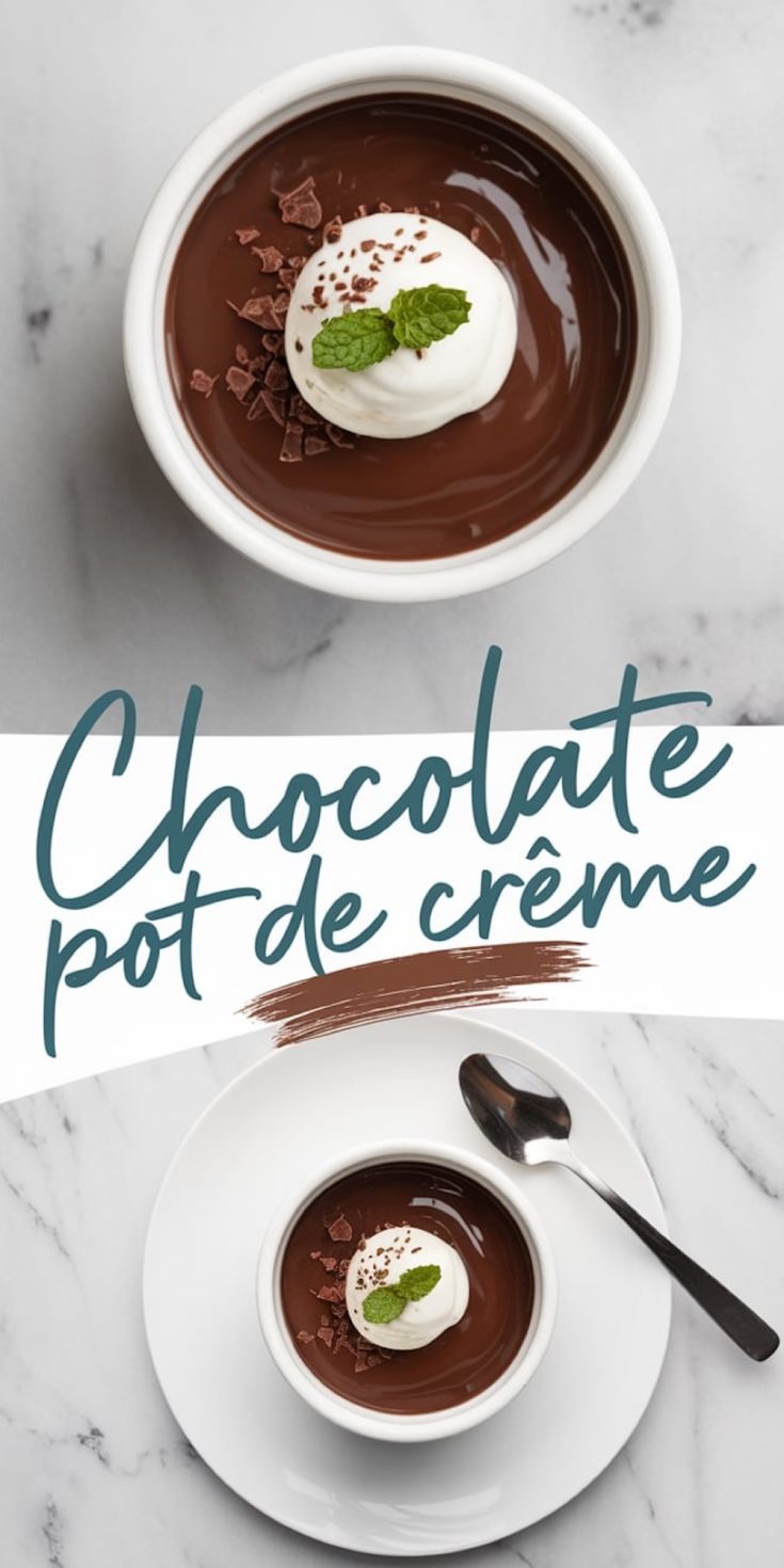 A top view of chocolate pot de crème served in a white ramekin, garnished with whipped cream, chocolate shavings, and a mint leaf, placed on a marble surface. The text overlay reads “Chocolate Pot de Crème.”