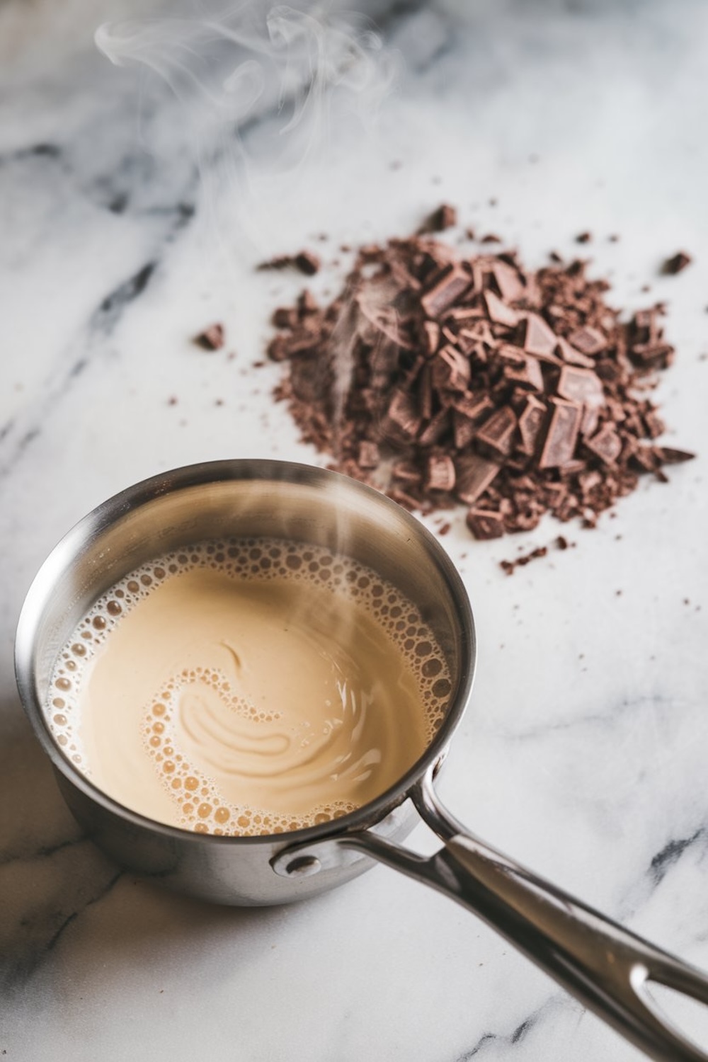A flat lay of ingredients for chocolate pot de crème, including chopped chocolate, eggs, sugar, vanilla extract, cream, and spices, arranged in bowls on a marble surface. Fresh strawberries, nuts, and crushed cookies are also displayed.