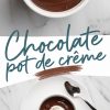A collage featuring a chocolate pot de crème served in a white ramekin with whipped cream, chocolate shavings, and a mint garnish. The bottom half shows the ramekin on a white plate with a spoon resting beside it. The text overlay reads “Chocolate Pot de Crème.”
