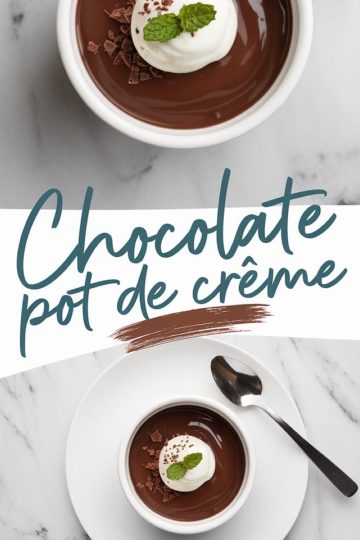 A collage featuring a chocolate pot de crème served in a white ramekin with whipped cream, chocolate shavings, and a mint garnish. The bottom half shows the ramekin on a white plate with a spoon resting beside it. The text overlay reads “Chocolate Pot de Crème.”