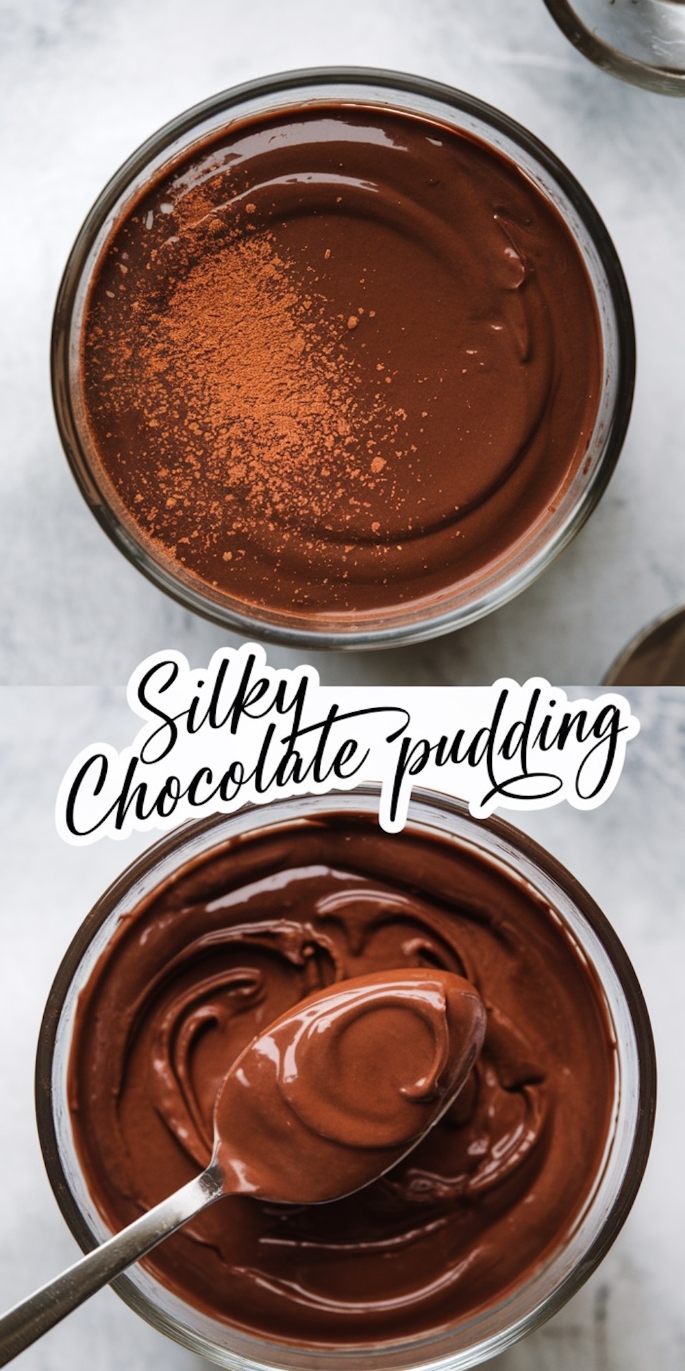 A collage of silky chocolate pudding featuring two sections. The top shows a glass of pudding dusted with cocoa powder. The bottom highlights the pudding’s creamy texture with a spoonful scooped out. Text reads “Silky Chocolate Pudding.”