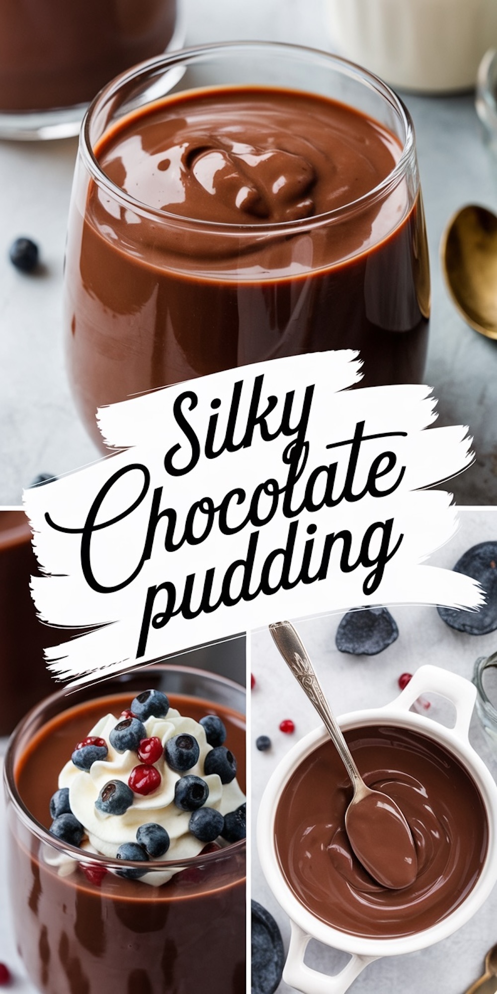 A collage of silky chocolate pudding featuring three sections. The top shows pudding in a glass with a smooth surface. The bottom left highlights pudding topped with whipped cream, blueberries, and pomegranate seeds. The bottom right displays pudding in a white bowl with a spoon. Text reads “Silky Chocolate Pudding.”