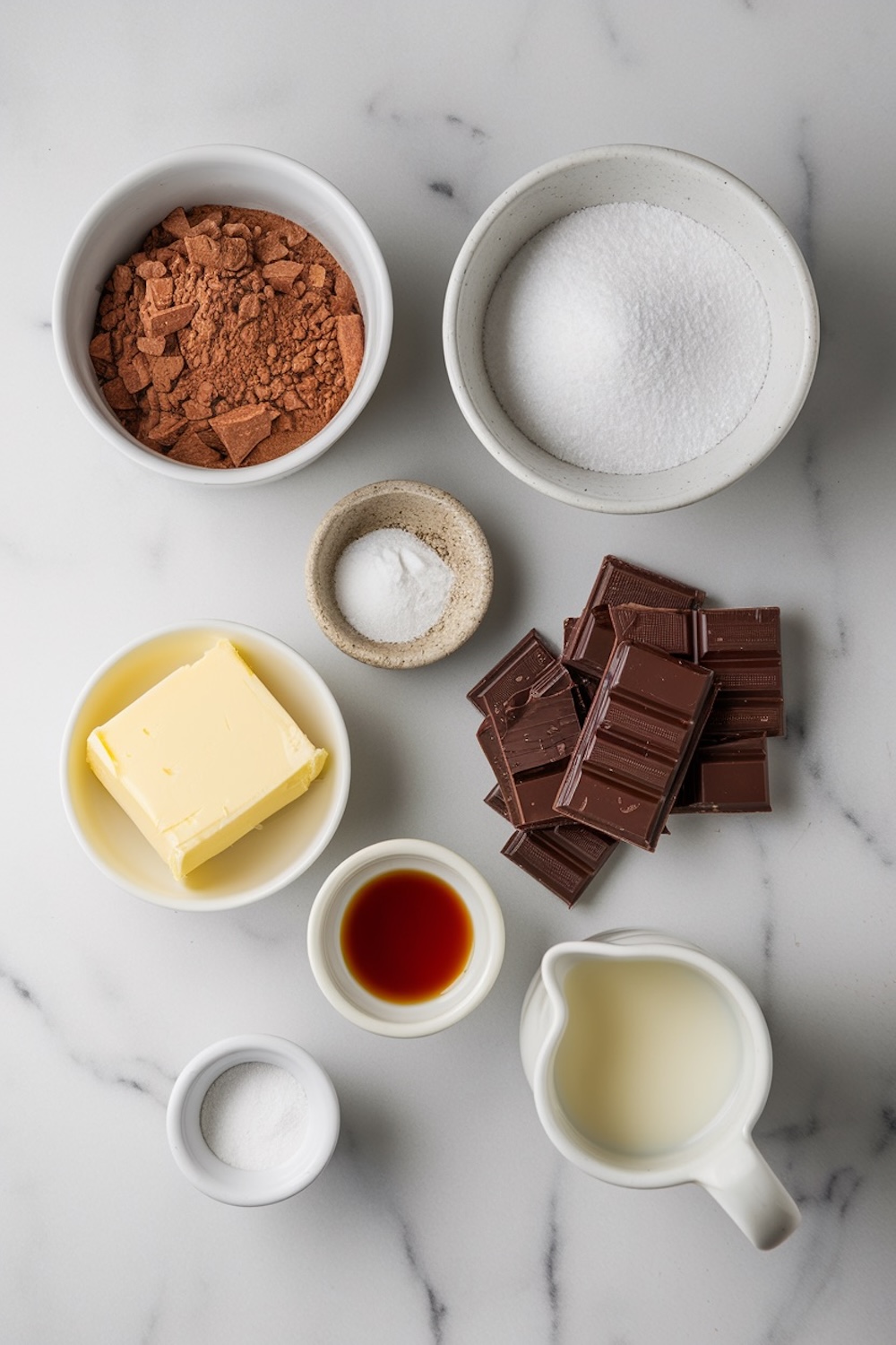 A flat lay of chocolate pudding ingredients on a marble countertop. Includes cocoa powder, sugar, butter, vanilla extract, chocolate pieces, milk, salt, and cornstarch, all neatly arranged in bowls and cups.