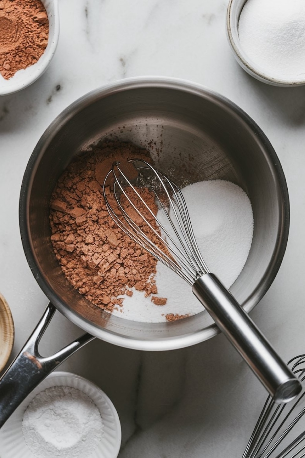 A stainless steel saucepan containing cocoa powder and sugar being whisked together. Surrounding the pan are small bowls of dry ingredients on a marble countertop, ready for making chocolate pudding.