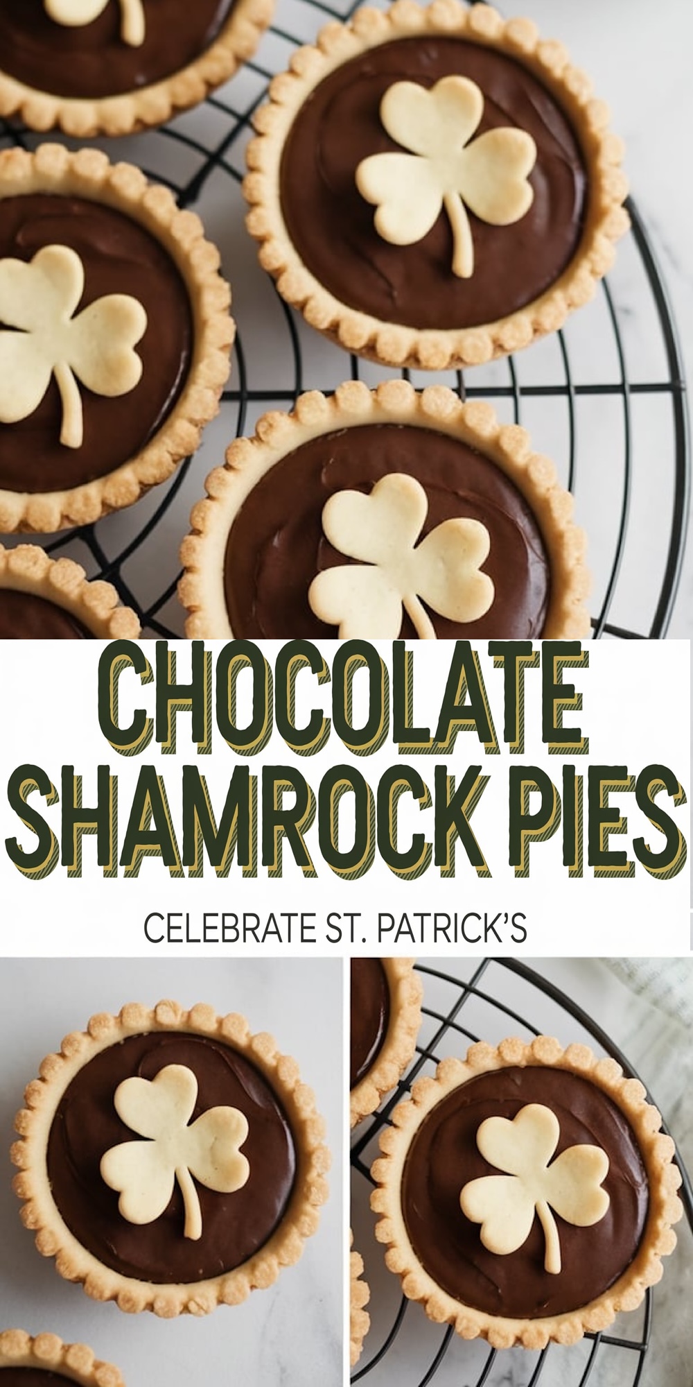 A collage featuring chocolate shamrock pies. The top image shows multiple pies topped with chocolate filling and shamrock-shaped pastry decorations on a cooling rack. The bottom image highlights individual pies with the text “Chocolate Shamrock Pies” and “Celebrate St. Patrick’s.”