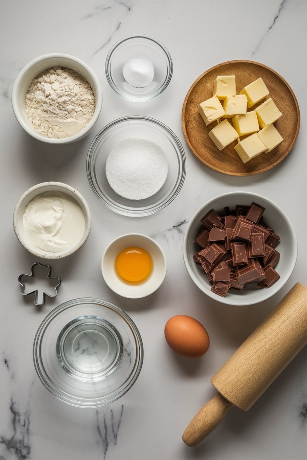 Flat-lay of ingredients for chocolate shamrock pies. Includes flour, sugar, cubed butter, sour cream, water, eggs, and chopped chocolate, along with a rolling pin and a shamrock-shaped cookie cutter, all arranged on a white marble countertop.