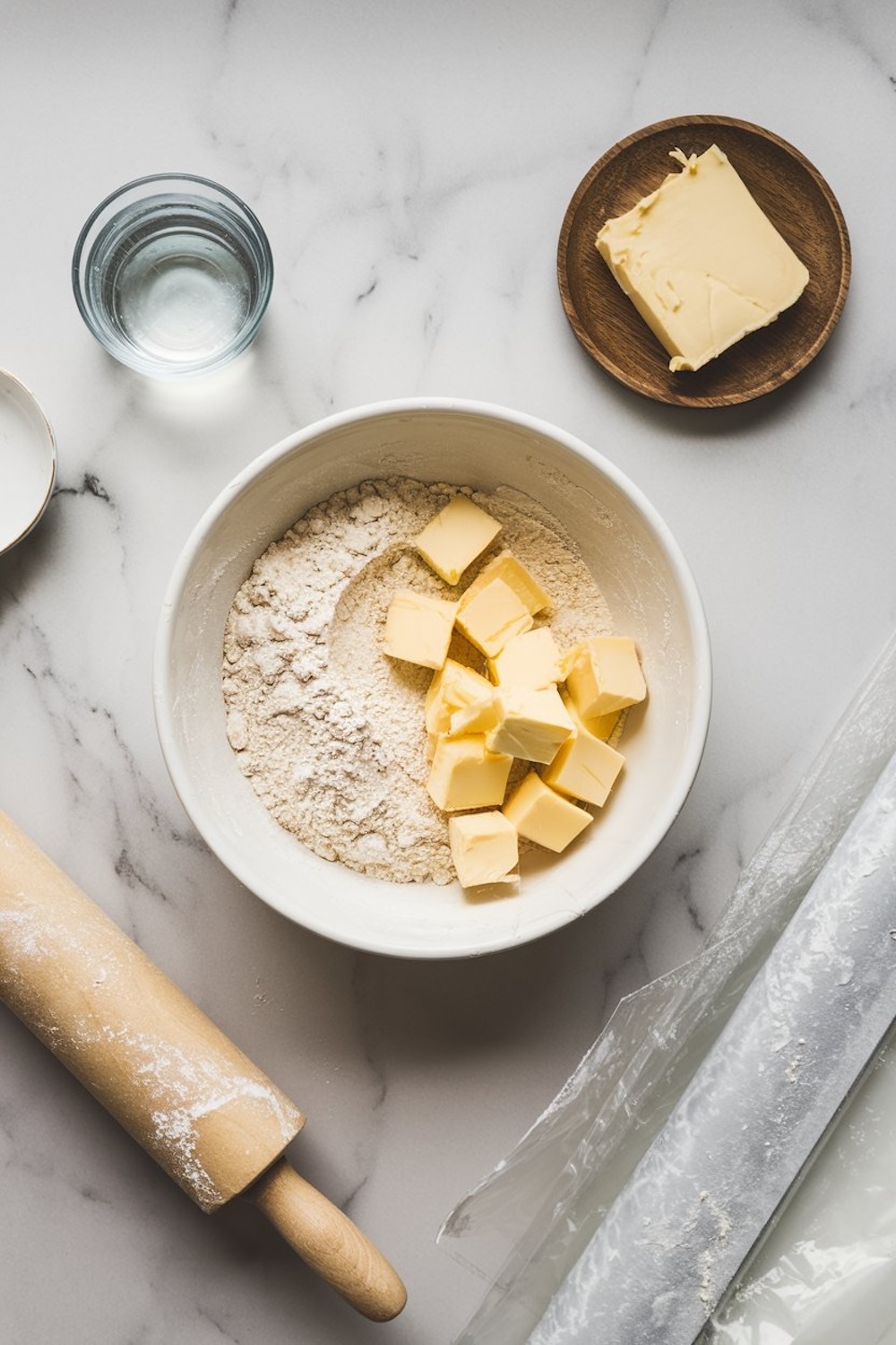 A bowl of flour with cubed butter ready for mixing, placed on a white marble surface. Surrounding items include a rolling pin, a small glass of water, and a wooden plate with extra butter, emphasizing the pie crust preparation.