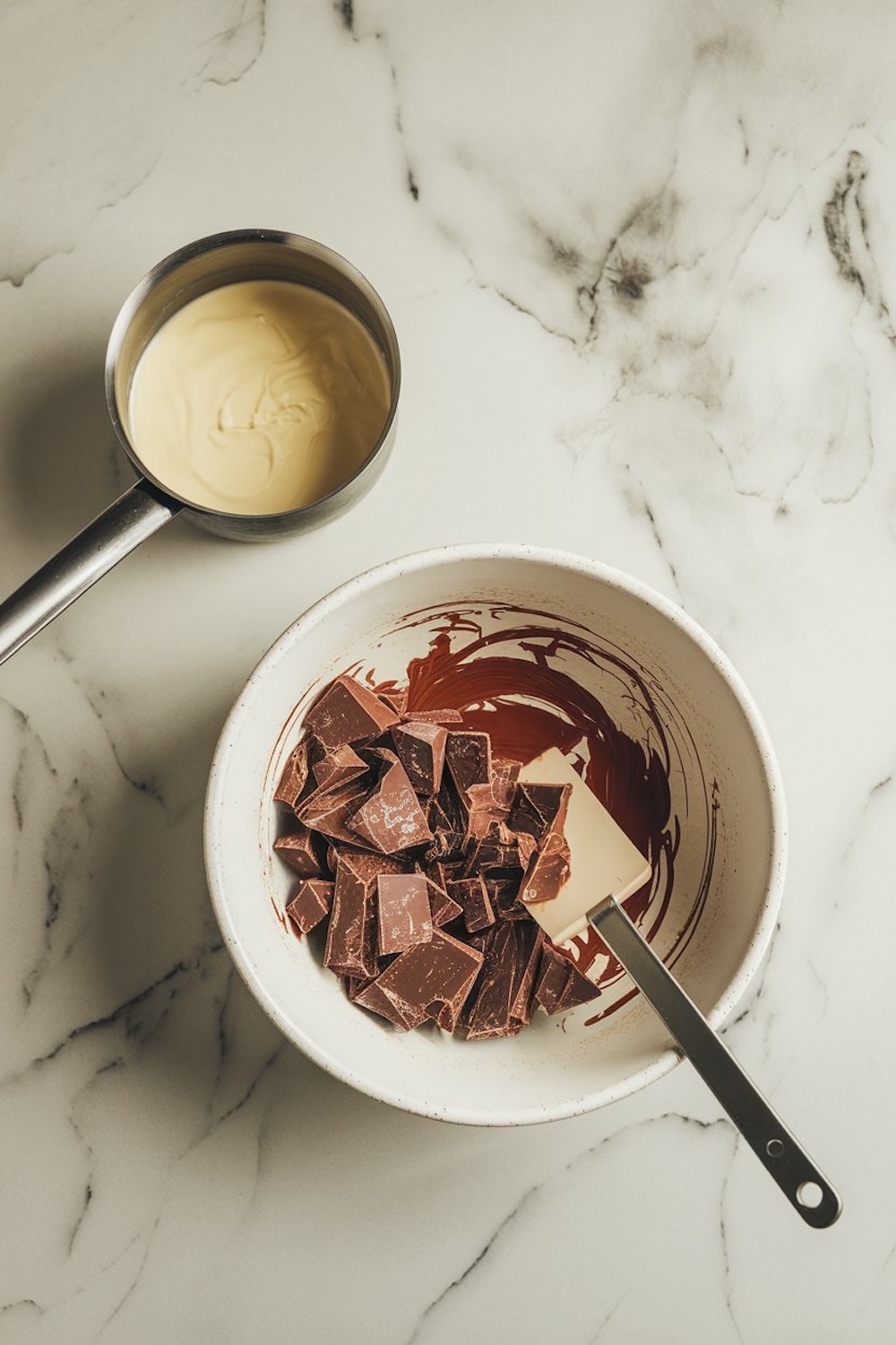 A white bowl filled with chopped chocolate and a spatula, sitting next to a saucepan of melted cream, placed on a marble countertop. This setup highlights the process of making the chocolate filling.