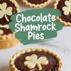 Chocolate shamrock pies arranged on a marble surface. The focus is on one pie with a bite taken out, revealing the creamy chocolate filling, surrounded by other pies with decorative shamrock-shaped toppers. Text overlay reads “Chocolate Shamrock Pies.”