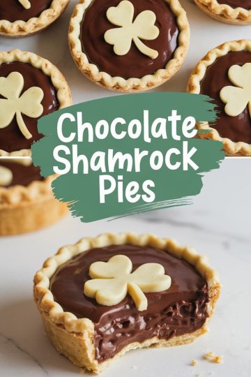 Chocolate shamrock pies arranged on a marble surface. The focus is on one pie with a bite taken out, revealing the creamy chocolate filling, surrounded by other pies with decorative shamrock-shaped toppers. Text overlay reads “Chocolate Shamrock Pies.”