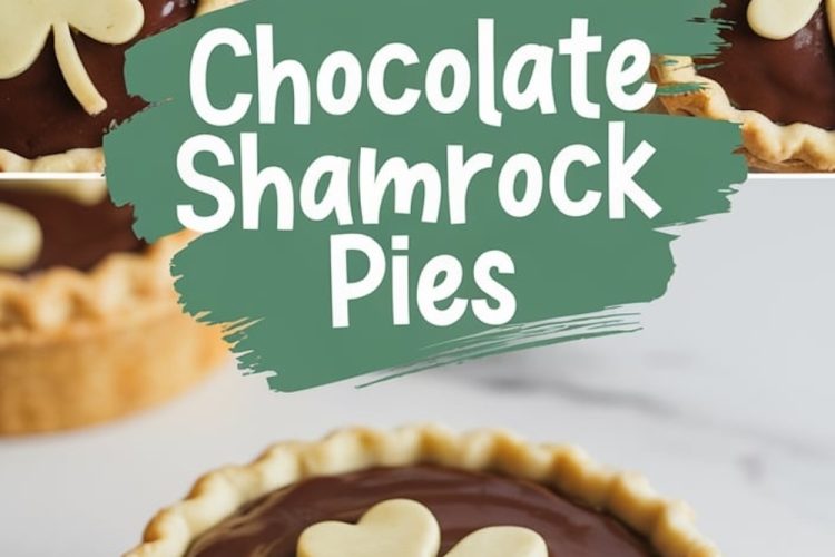 Chocolate shamrock pies arranged on a marble surface. The focus is on one pie with a bite taken out, revealing the creamy chocolate filling, surrounded by other pies with decorative shamrock-shaped toppers. Text overlay reads “Chocolate Shamrock Pies.”