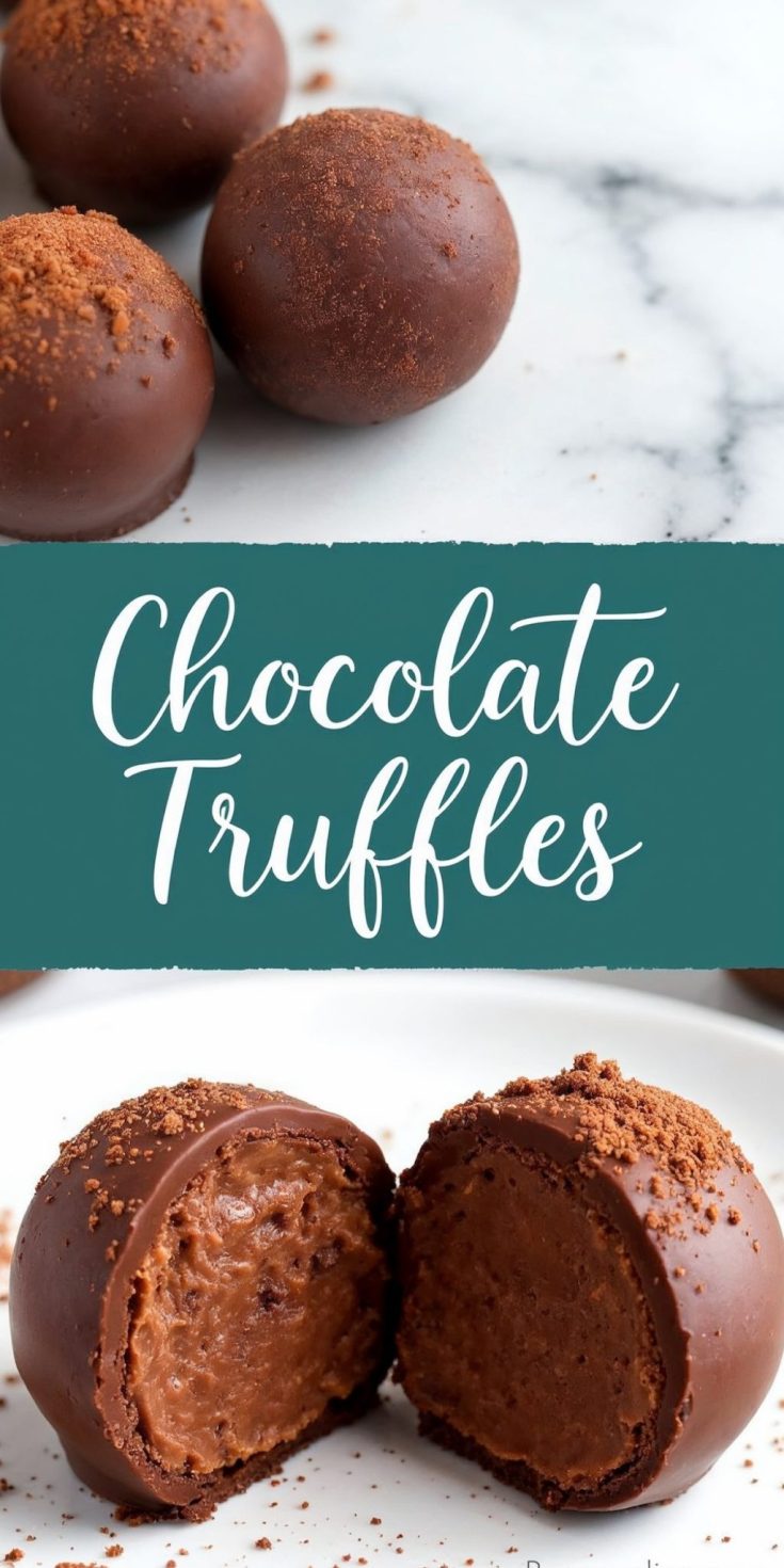 Close-up view of rich chocolate truffles dusted with cocoa powder, arranged on a white marble surface. The smooth, glossy chocolate coating adds a luscious shine, and the text overlay “Chocolate Truffles” emphasizes the decadent dessert. A cut truffle reveals a creamy, velvety chocolate ganache filling inside.
