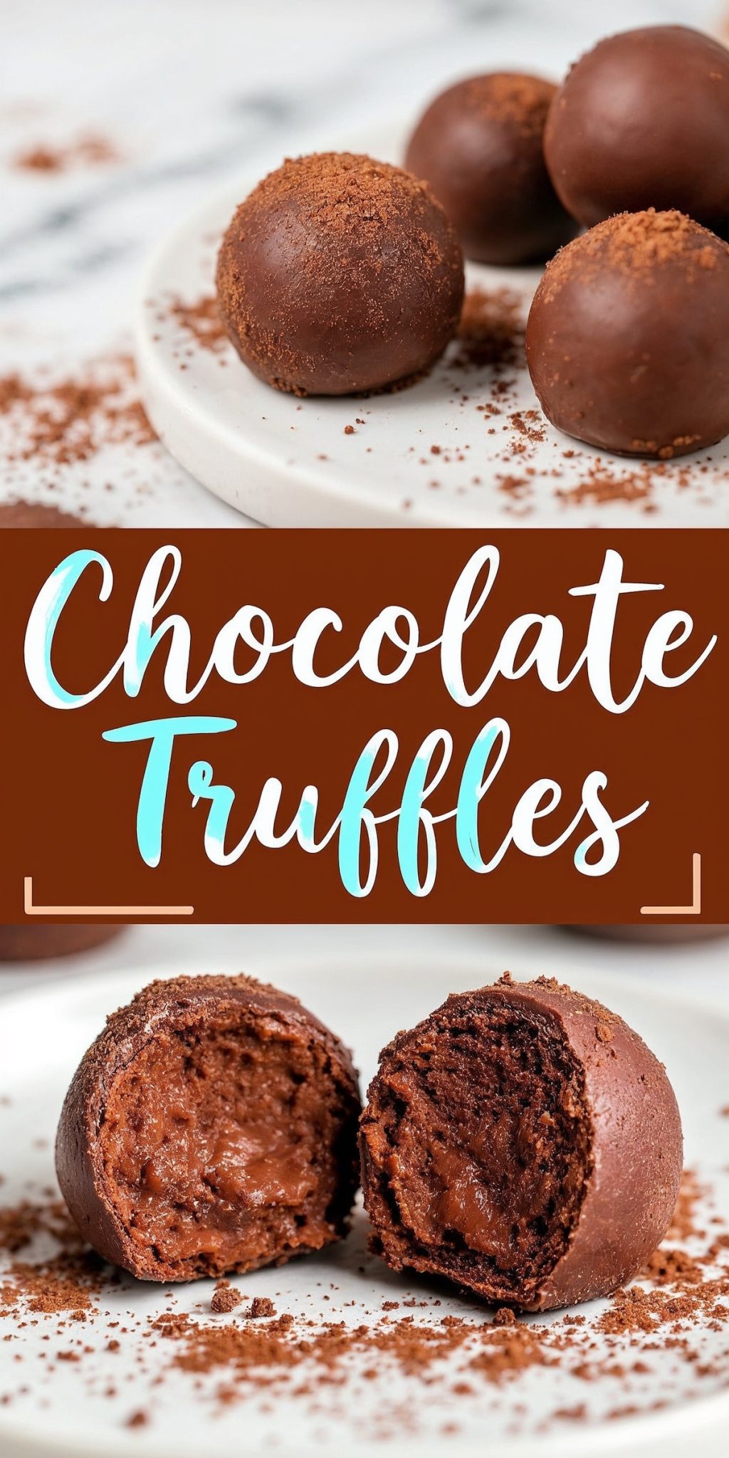 A collage showing chocolate truffles sprinkled with cocoa powder on a white plate at the top and a close-up of a halved truffle with a creamy, rich chocolate center at the bottom. The contrasting textures of the outer shell and the smooth ganache filling highlight the indulgence of these homemade treats. The text “Chocolate Truffles” stands out in elegant, bold lettering.