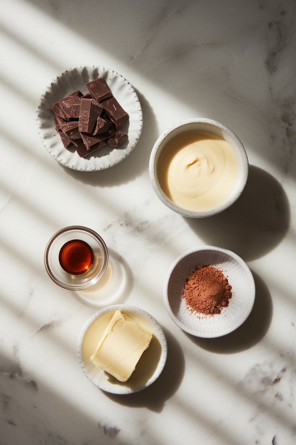 A neatly arranged flat lay of ingredients for chocolate truffles on a bright marble surface. Bowls of chopped chocolate, cocoa powder, heavy cream, butter, and vanilla extract are illuminated by soft sunlight, capturing the simplicity and elegance of the ingredients needed for this recipe.