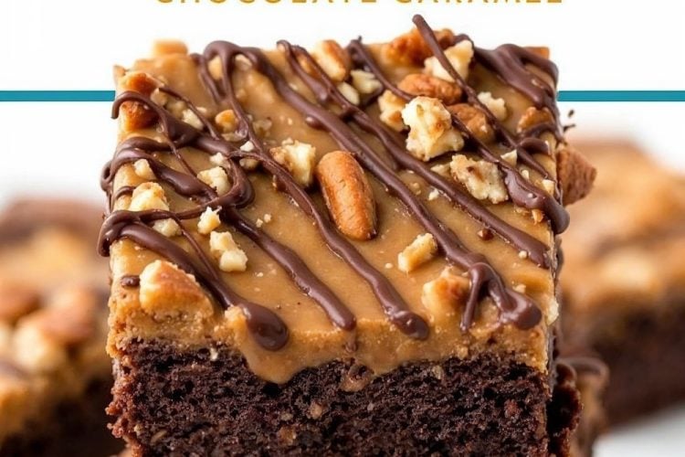 A collage of turtle brownies featuring three sections. The top shows a close-up of a single brownie with gooey caramel, chocolate drizzle, and pecans. The bottom sections highlight square brownie pieces with a rich caramel topping, drizzled chocolate, and sprinkled nuts. Text reads “Turtle Brownies: Chocolate Caramel.”