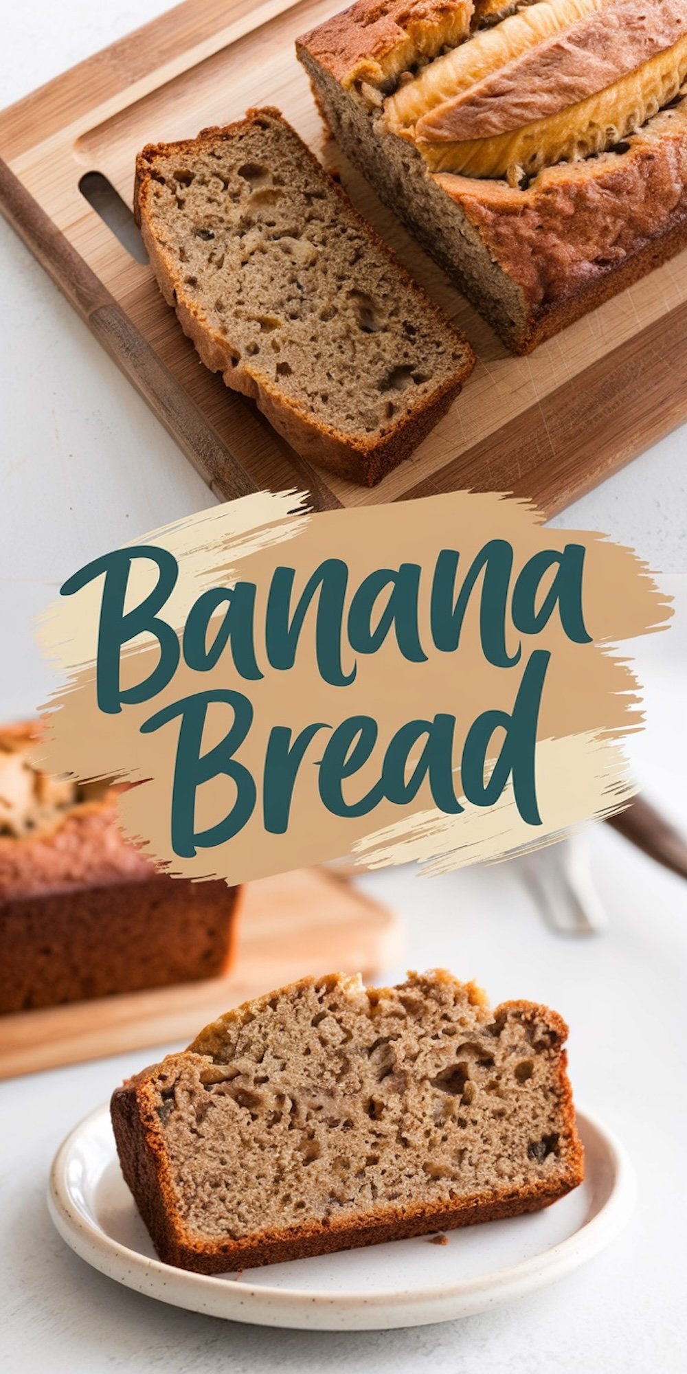 A vibrant collage of banana bread slices, featuring a loaf with caramelized banana topping, close-ups of the bread’s fluffy texture, and a slice served on a plate.