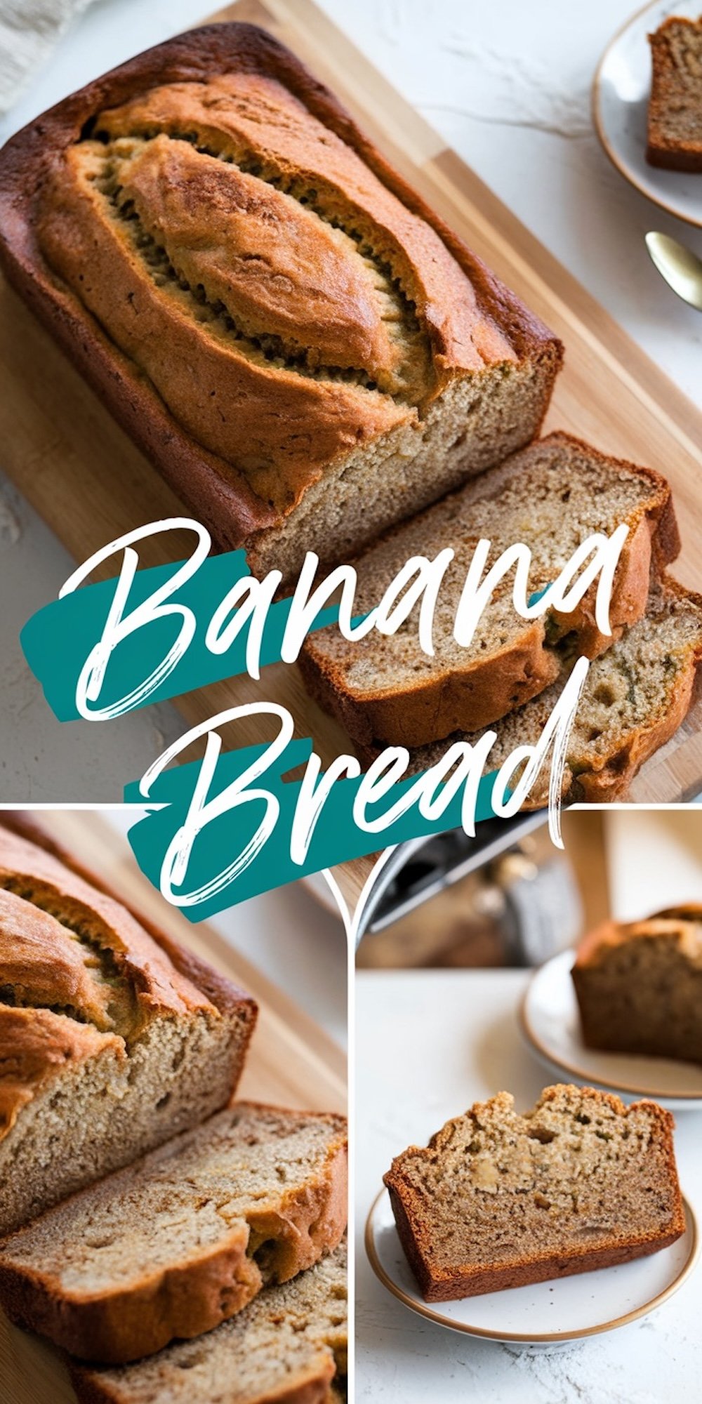 A visually appealing collage showcasing banana bread, featuring a whole loaf with a golden crust and a few slices served on a wooden cutting board, close-up of the moist interior, and individual slices plated with soft textures and rich details.