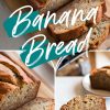 A collage showing banana bread from different angles, including a full loaf, slices on a cutting board, and a plated slice, emphasizing the bread’s moist texture and golden crust.