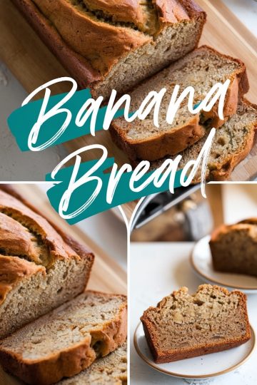 A collage showing banana bread from different angles, including a full loaf, slices on a cutting board, and a plated slice, emphasizing the bread’s moist texture and golden crust.
