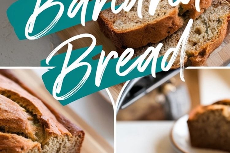 A collage showing banana bread from different angles, including a full loaf, slices on a cutting board, and a plated slice, emphasizing the bread’s moist texture and golden crust.