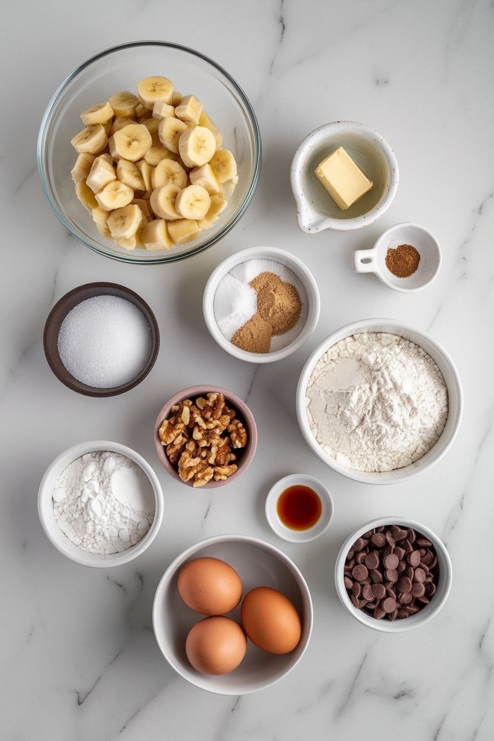 An overhead view of all the ingredients for banana bread laid out on a marble surface. Includes bananas, eggs, flour, sugar, walnuts, butter, vanilla extract, chocolate chips, and spices in separate bowls.