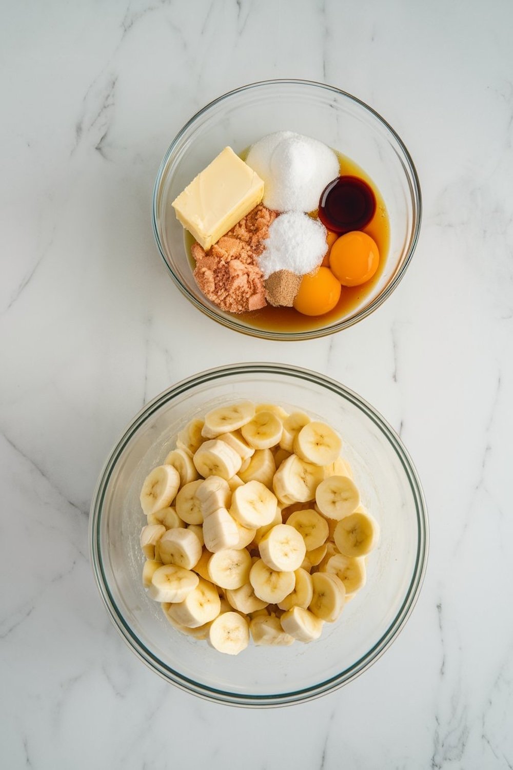 Two bowls on a marble surface containing the ingredients for banana bread: sliced fresh bananas in one bowl and a mix of eggs, butter, sugar, and vanilla in the other.
