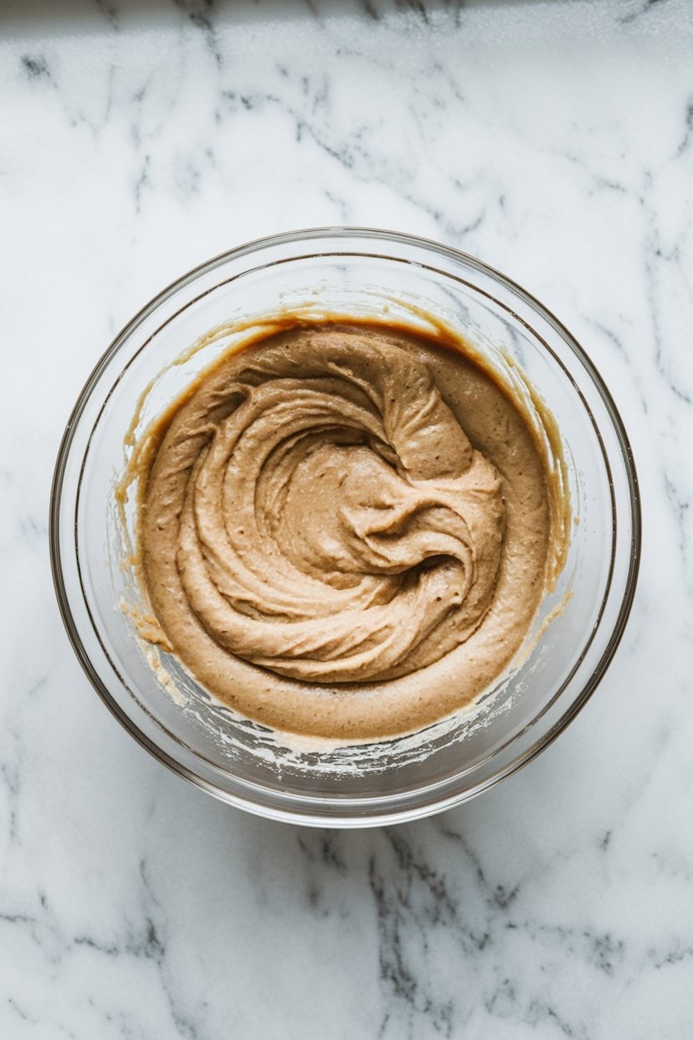 A glass bowl with smooth and creamy banana bread batter on a marble countertop, highlighting its velvety texture.