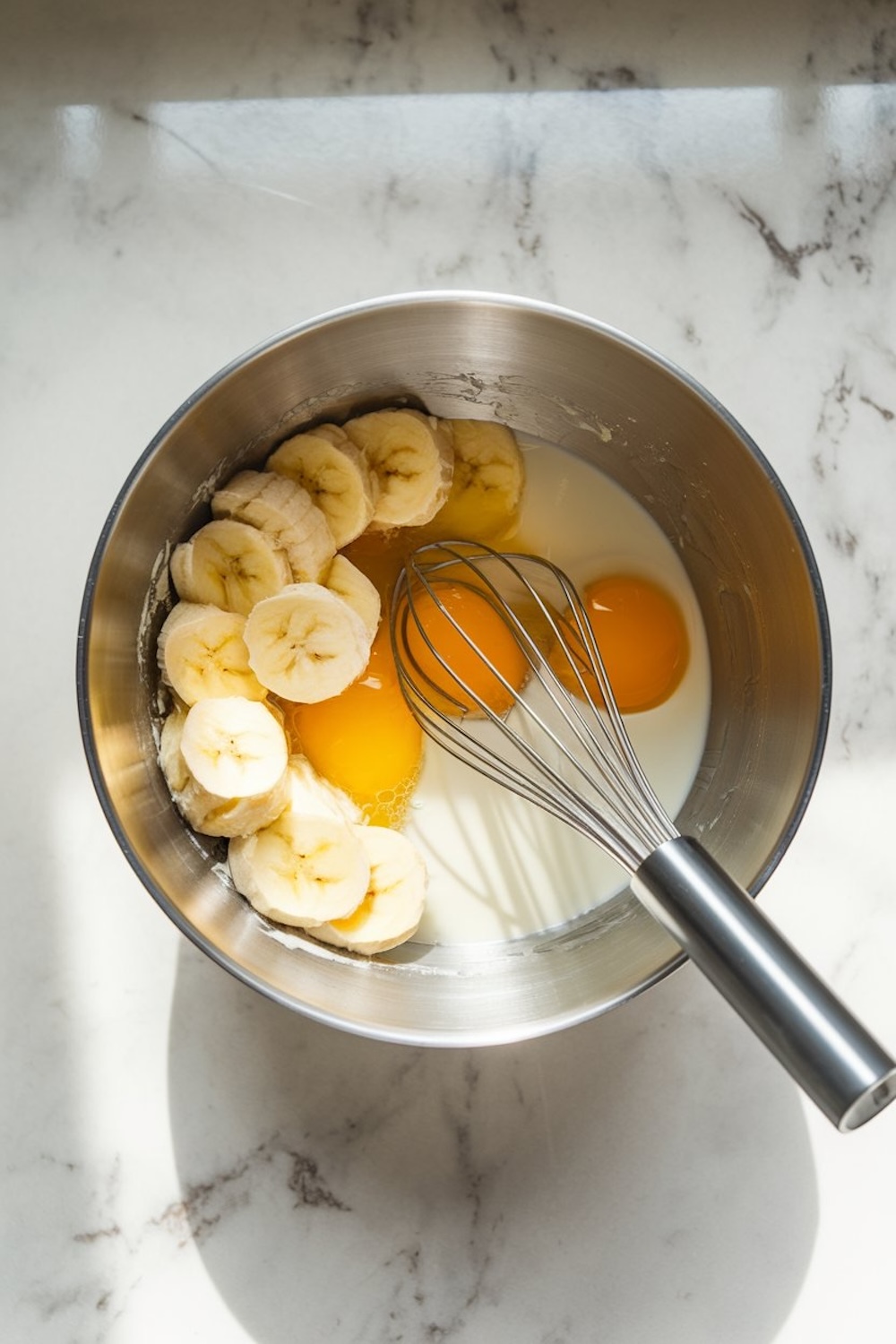A mixing bowl containing banana slices, eggs, and milk with a whisk, bathed in natural light on a marble countertop. The ingredients are prepared for making banana bread batter.