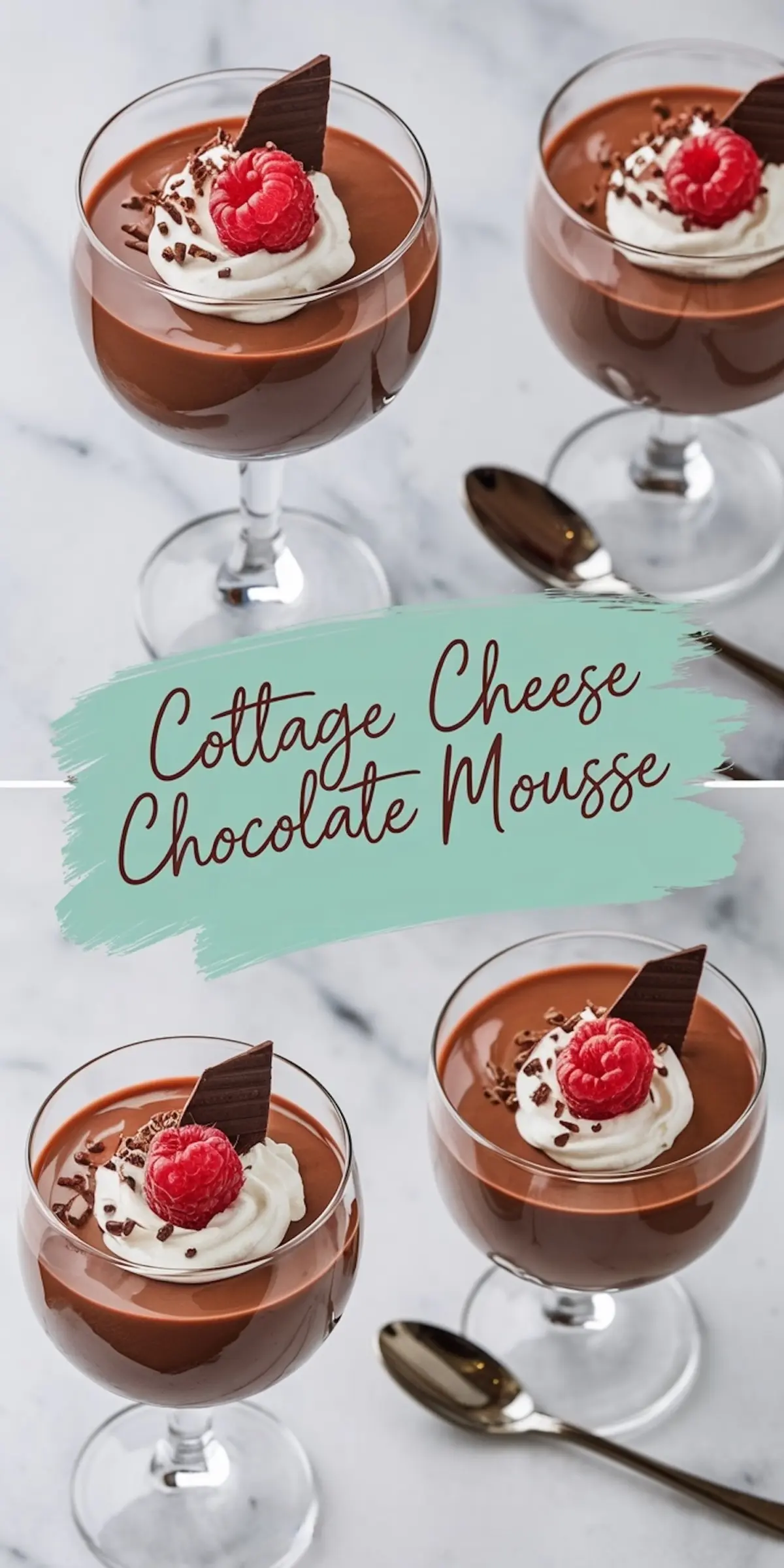 A close-up of three glasses of cottage cheese chocolate mousse, each topped with whipped cream, a raspberry, and chocolate decorations, arranged in a triangle on a marble surface.