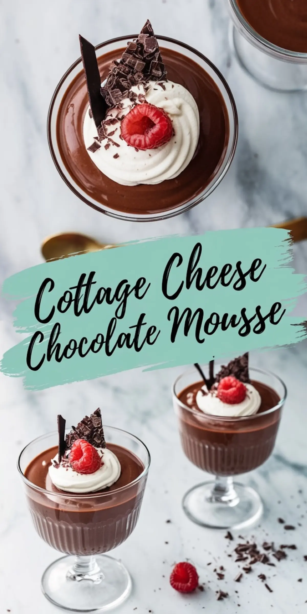 three glasses of cottage cheese chocolate mousse topped with whipped cream, fresh raspberries, chocolate shavings, and a chocolate shard, served on a marble surface with spoons.