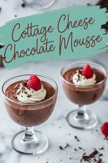 Two glasses of cottage cheese chocolate mousse garnished with whipped cream, a raspberry, and chocolate shavings, with one raspberry placed on the countertop and the text overlay “Cottage Cheese Chocolate Mousse.”