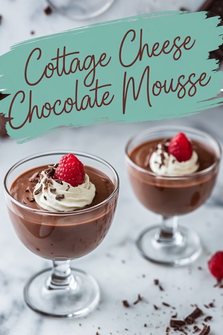 Two glasses of cottage cheese chocolate mousse garnished with whipped cream, a raspberry, and chocolate shavings, with one raspberry placed on the countertop and the text overlay “Cottage Cheese Chocolate Mousse.”