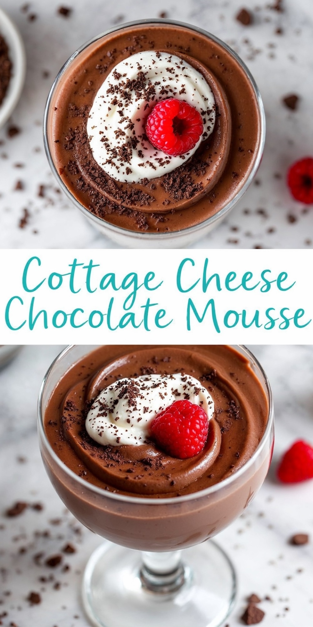 A collage of cottage cheese chocolate mousse served in glass containers. The mousse is topped with a swirl of whipped cream, chocolate shavings, and a fresh raspberry for garnish. This creamy dessert is a high-protein twist on classic chocolate mousse recipes, perfect for a healthier indulgence.