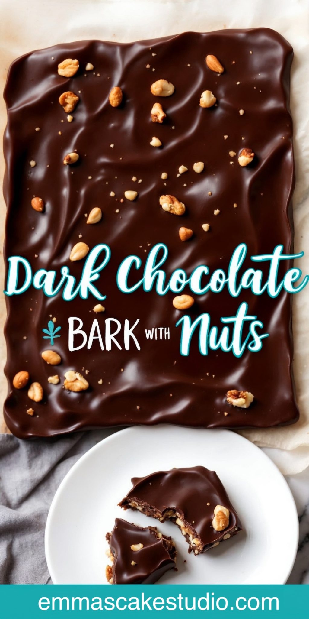 A collage showcasing dark chocolate bark with nuts. The top section displays a glossy sheet of dark chocolate with whole and crushed nuts scattered on top. The bottom section features broken pieces of the chocolate bark on a white plate.