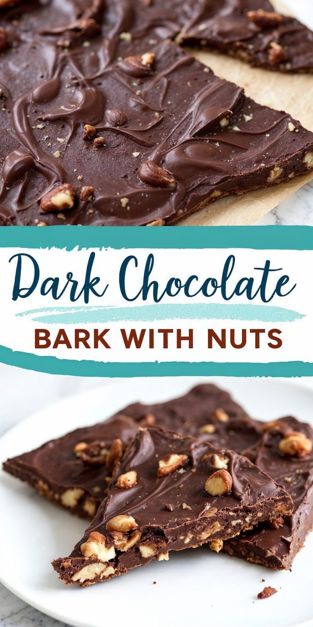 A collage highlighting dark chocolate bark with nuts. The top section shows close-up details of the textured, glossy chocolate layered with whole nuts. The bottom section features triangular pieces of the bark arranged on a white plate.
