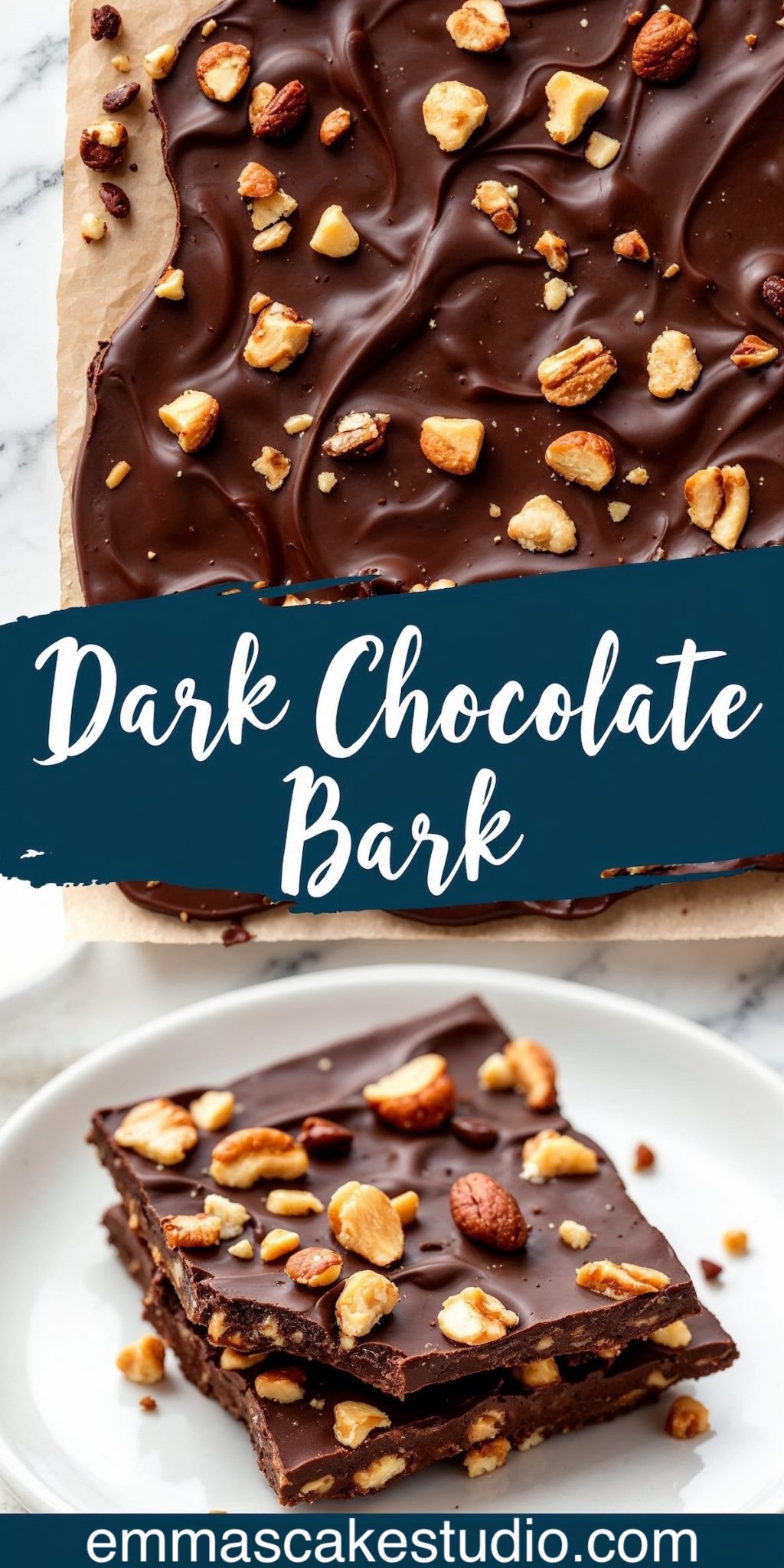A collage featuring dark chocolate bark. The top section presents a close-up of the smooth chocolate sheet topped with a variety of nuts. The bottom section displays stacked bark pieces on a white plate with visible nut pieces.