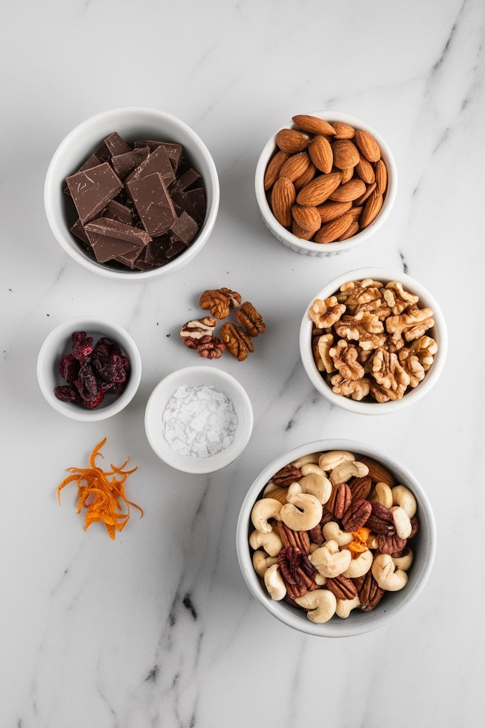 Ingredients for dark chocolate bark arranged on a white marble surface. Includes bowls of dark chocolate chunks, whole almonds, walnut halves, mixed nuts, dried cranberries, and a small dish of sea salt, alongside orange zest.