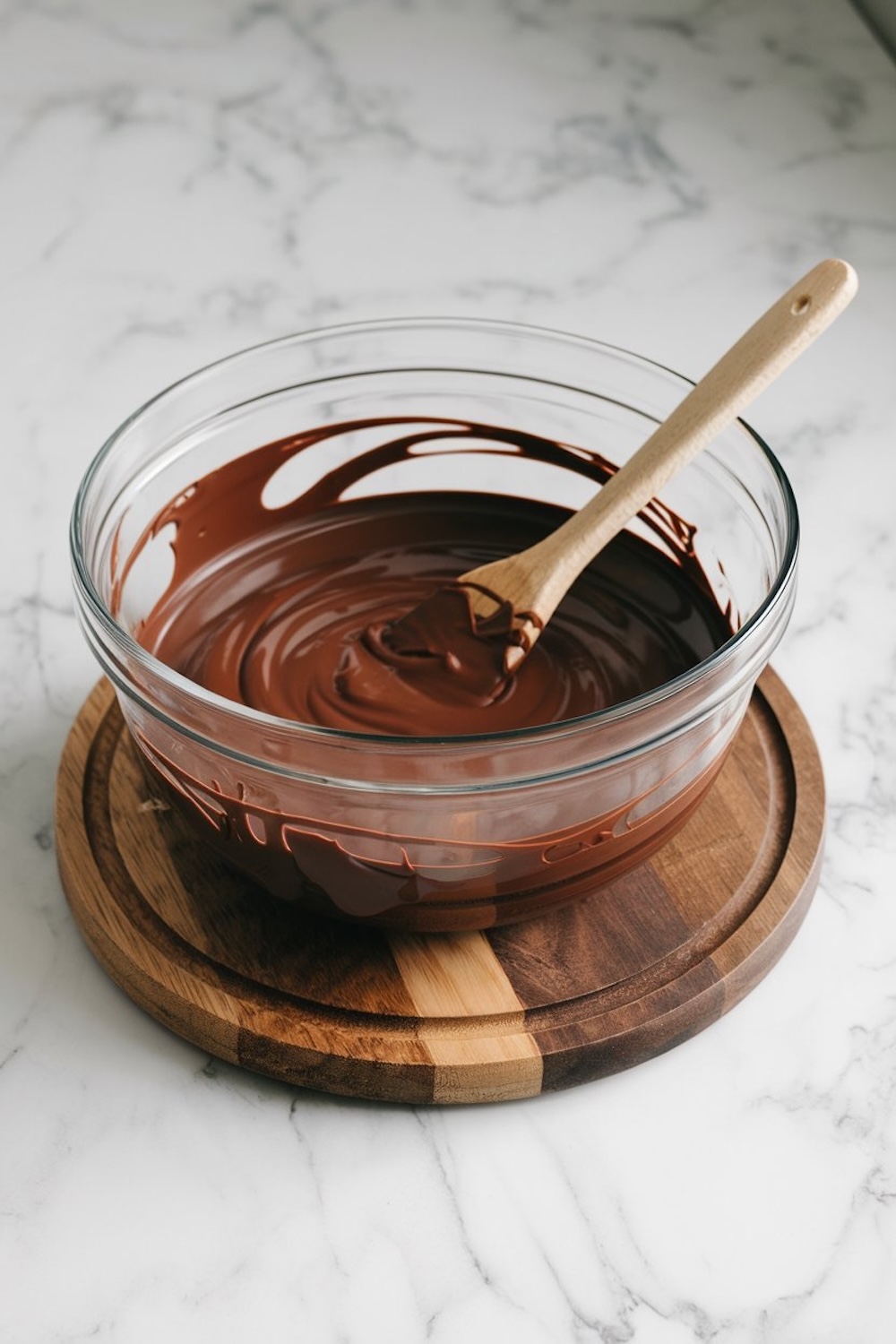 A glass bowl filled with melted dark chocolate, sitting on a round wooden trivet. A wooden spatula rests in the smooth, glossy chocolate. The setup is on a marble countertop.