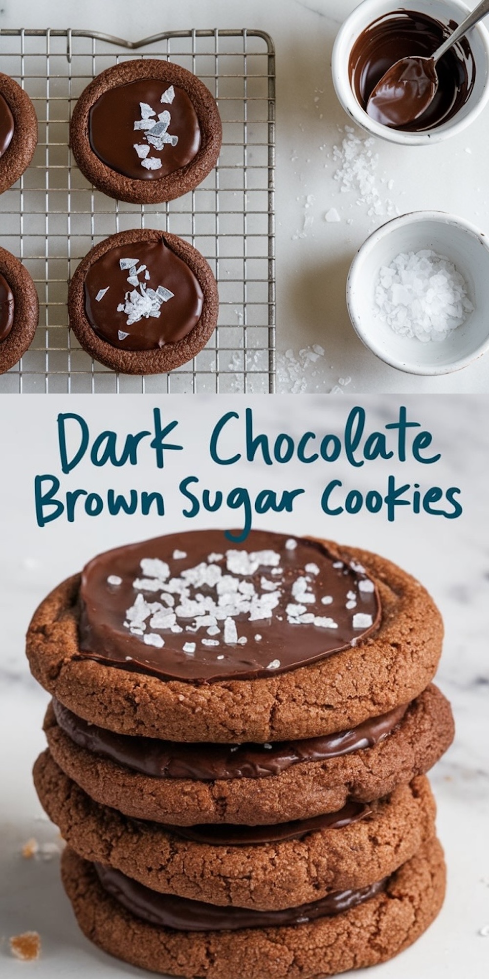 A collage of dark chocolate brown sugar cookies featuring two sections. The top section shows freshly baked cookies with glossy chocolate ganache, sprinkled with flaky sea salt, cooling on a wire rack next to bowls of melted chocolate and sea salt. The bottom section highlights a close-up stack of thick cookies, showcasing the rich chocolate topping and crisp edges. Text reads “Dark Chocolate Brown Sugar Cookies.”