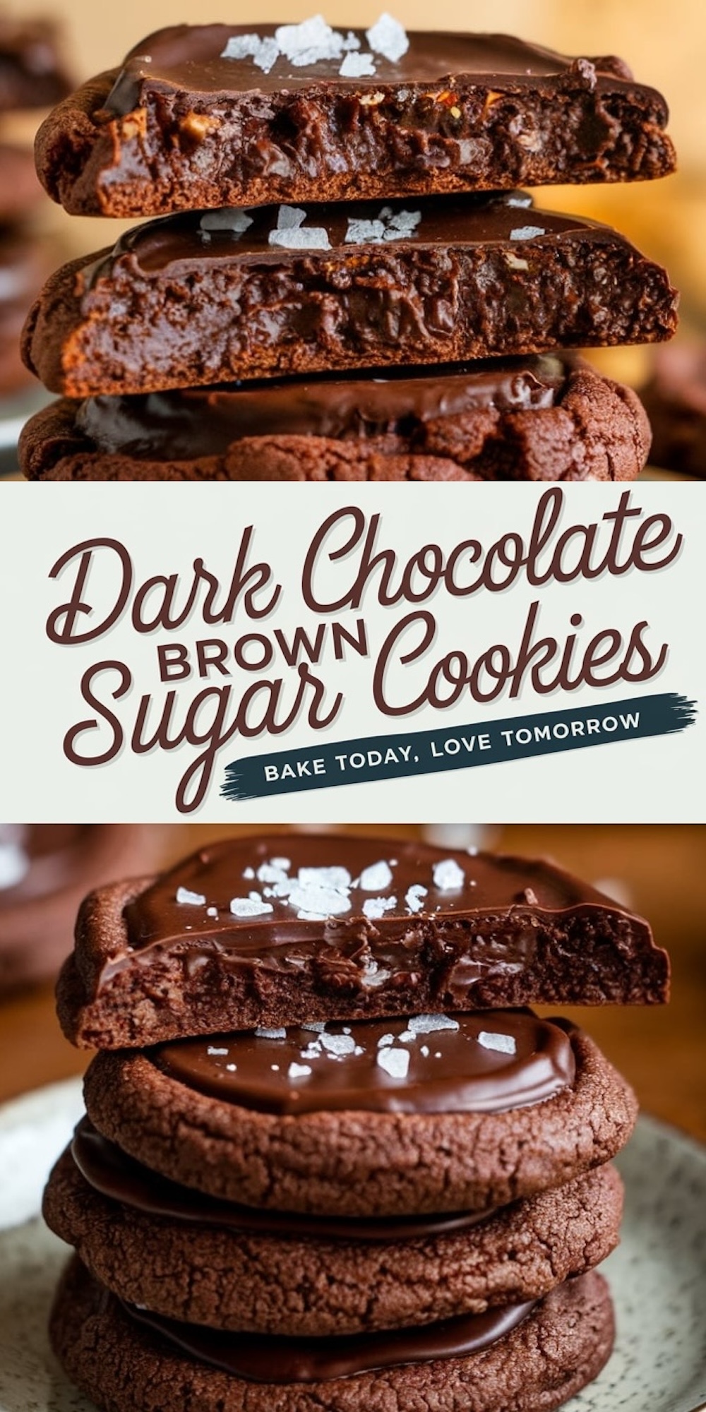 A collage showing dark chocolate brown sugar cookies with a rich, chewy texture. The top image features a close-up of stacked cookies with flaky sea salt, and the middle cookie is cut open to reveal a gooey chocolate center. The bottom section shows a neatly stacked plate of cookies with glossy ganache and sea salt. Text reads “Dark Chocolate Brown Sugar Cookies” with a tagline “Bake Today, Love Tomorrow.”