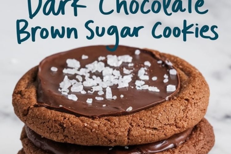 A collage of dark chocolate brown sugar cookies with two sections. The top section shows cookies cooling on a wire rack, each topped with glossy chocolate ganache and flaky sea salt, placed next to a small bowl of sea salt. The bottom section features a close-up stack of cookies with rich chocolate topping and crisp edges. Handwritten text reads “Dark Chocolate Brown Sugar Cookies.”