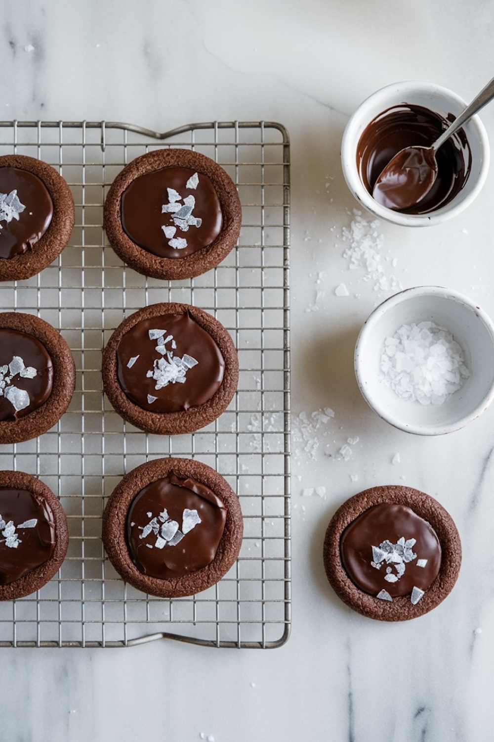 Overhead view of dark chocolate brown sugar cookies cooling on a wire rack. Each cookie is topped with shiny chocolate ganache and flaky sea salt. Beside the cookies are bowls of melted chocolate and sea salt, with small scattered salt flakes on the marble countertop.