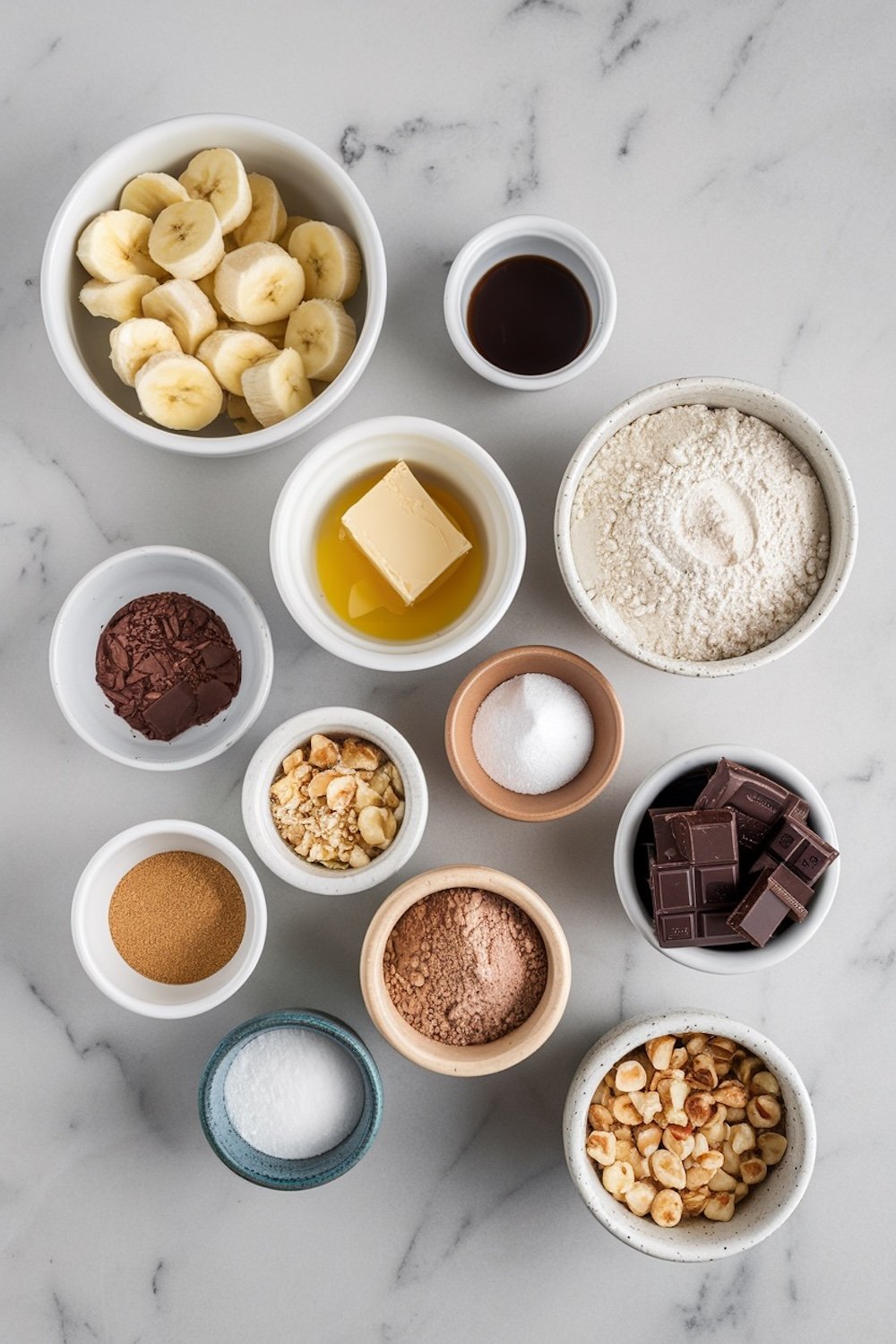 A flat lay of ingredients for dark chocolate hazelnut banana bread, arranged in small ceramic bowls on a white marble countertop. Ingredients include sliced bananas, dark chocolate chunks, hazelnuts, cocoa powder, flour, butter, sugar, vanilla extract, and brown sugar.