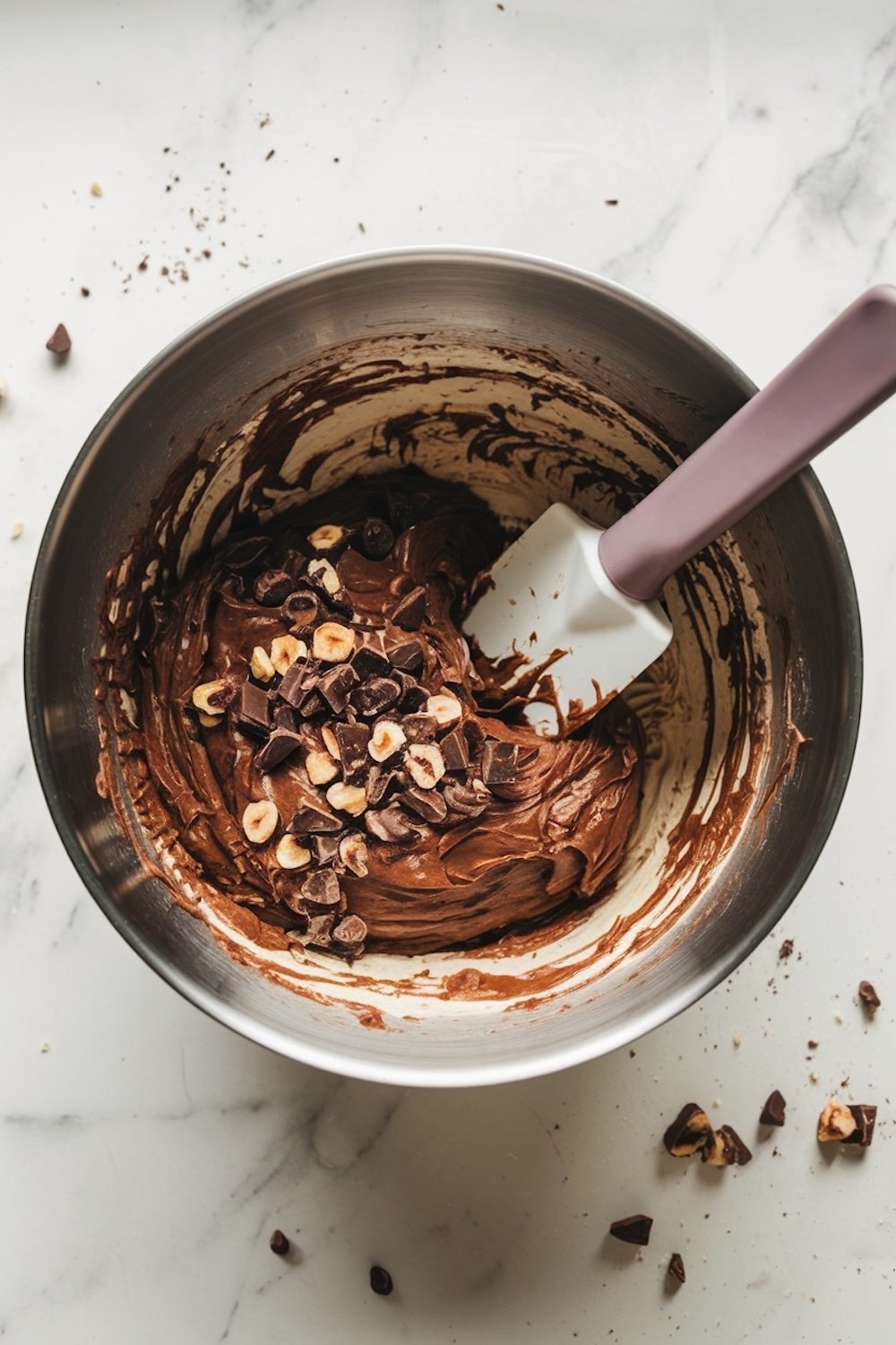 A stainless steel mixing bowl containing dark chocolate banana bread batter with chopped hazelnuts and chocolate chunks on top. A white spatula with a lavender handle is partially submerged, and chocolate crumbs are scattered on the white marble surface.