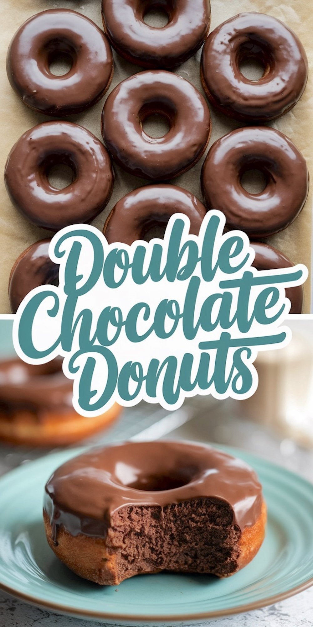 A collage featuring freshly baked chocolate donuts arranged on parchment paper in the top view and a close-up of a donut with a bite missing on a turquoise plate below. The smooth chocolate glaze coats each donut evenly, emphasizing the decadent appeal of this treat. Text overlay reads “Double Chocolate Donuts.”